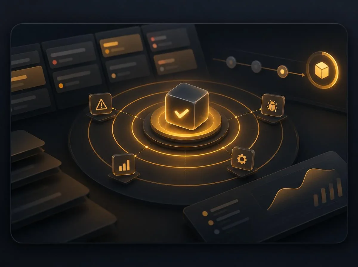 Abstract dark dashboard with glowing rings around a cube, risk markers and a quiet release board.